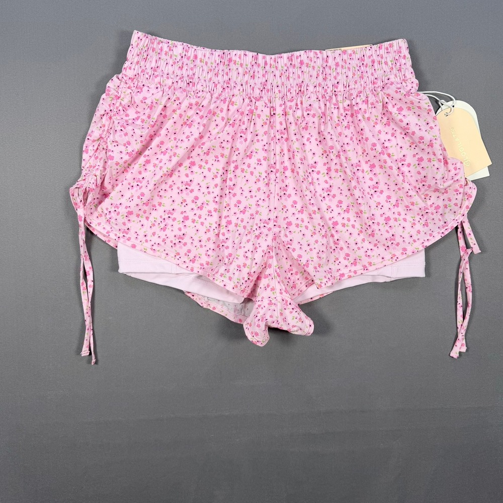 Blogilates Women M Pink Nylon Floral Tiny Bows Ruched 2-in-1 Active Skort Shorts
